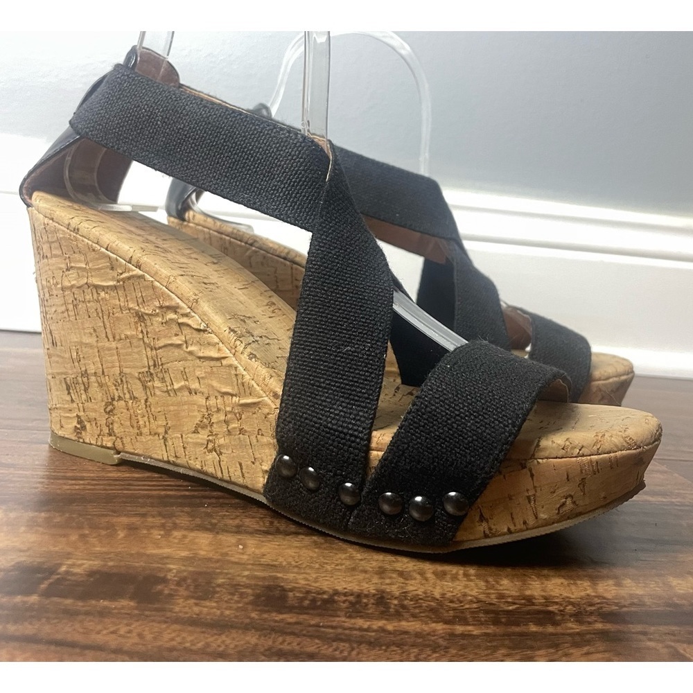 Lucky Brand Size 8 M Midge Cork and Black Canvas & Leather Wedge Platform Heels